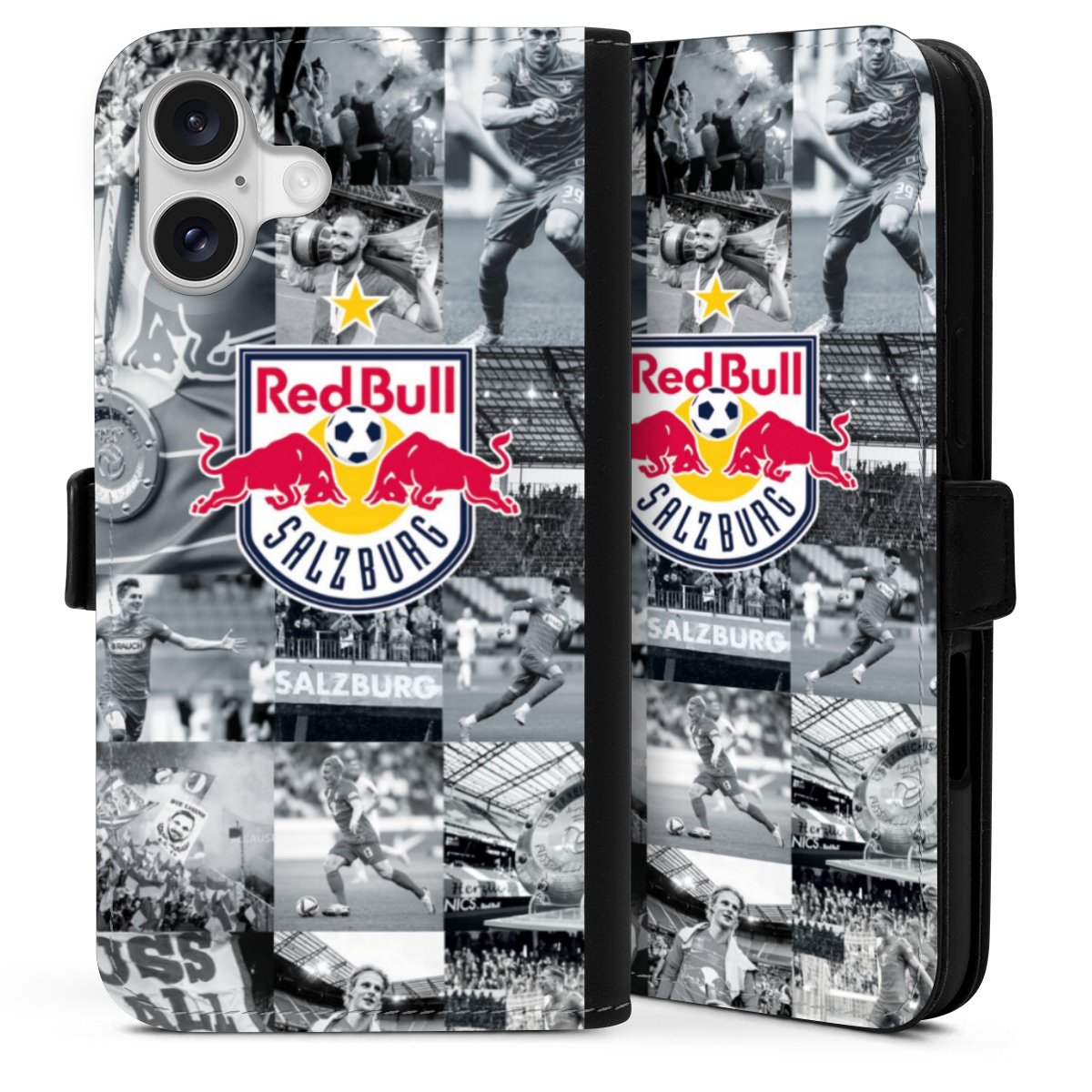 iPhone 16 Plus Handy Klapphülle Handyhülle aus Kunst Leder schwarz Flip Case Salzburg Fc Red Bull Salzburg Red Bull Sideflip mit Lasche
