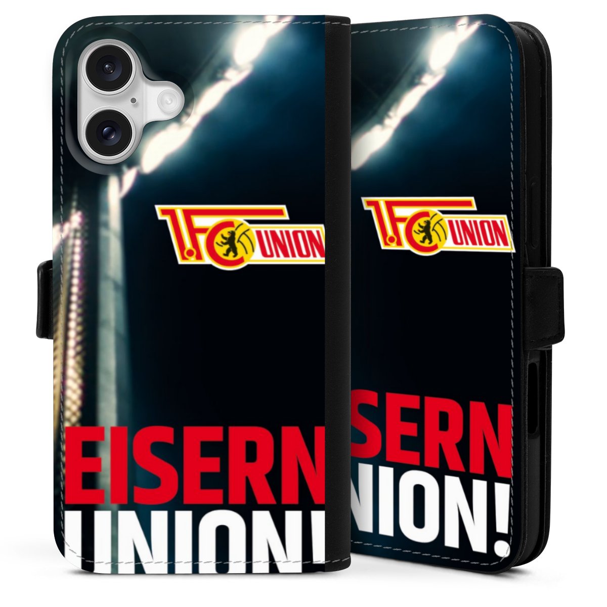 iPhone 16 Plus Handy Klapphülle Handyhülle aus Kunst Leder schwarz Flip Case 1. Fc Union Berlin Merchandise Soccer Sideflip mit Lasche