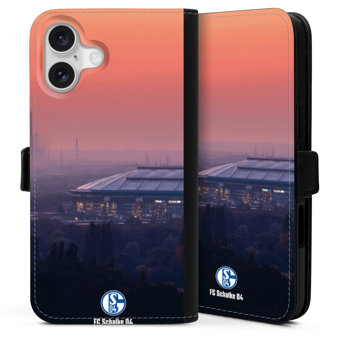 iPhone 16 Plus Handy Klapphülle Handyhülle aus Kunst Leder schwarz Flip Case Fc Schalke 04 Stadium Schalke 04 Sideflip mit Lasche