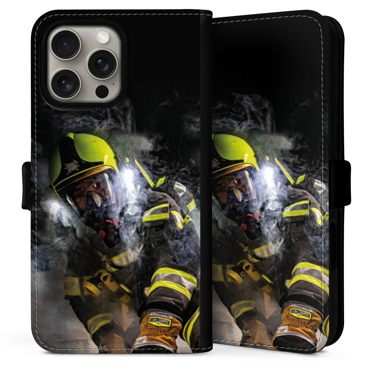 iPhone 16 Pro Handy Klapphülle Handyhülle aus Kunst Leder schwarz Flip Case Fire Fighter Fire Fire Fighters Sideflip mit Lasche
