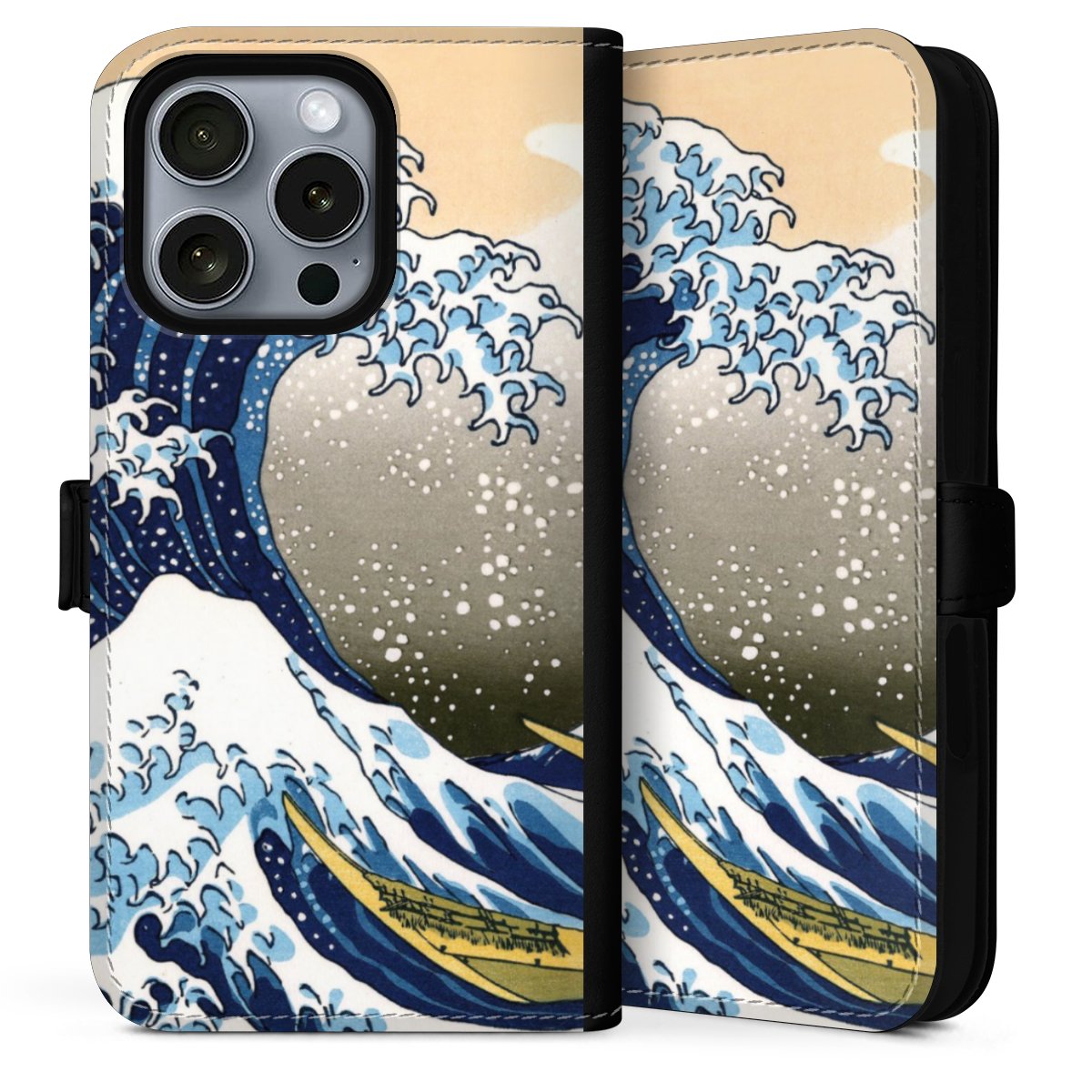 iPhone 16 Pro Max Handy Klapphülle Handyhülle aus Kunst Leder schwarz Flip Case Die Große Welle Vor Kanagawa Kunst Katsushika Hokusai Sideflip mit Lasche