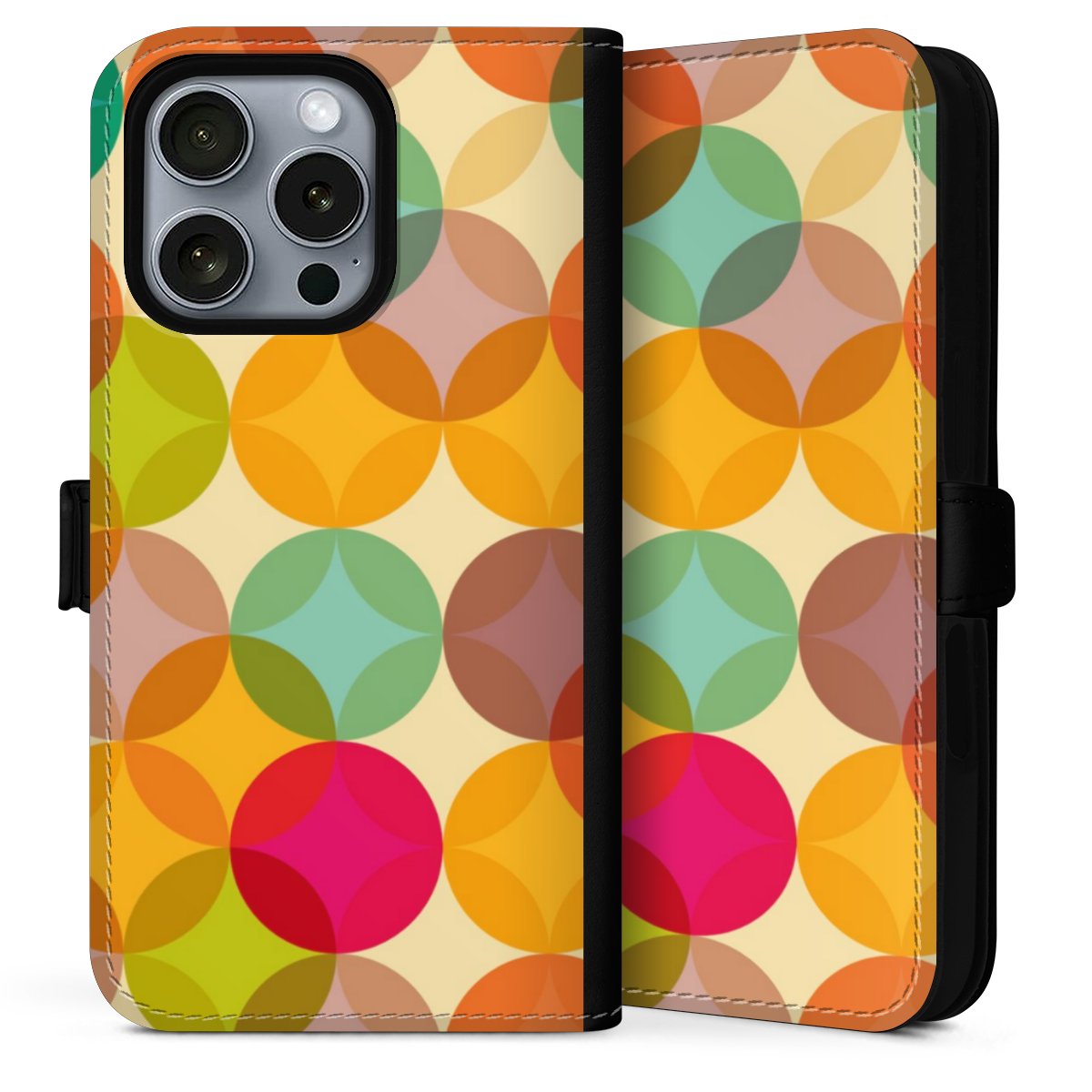 iPhone 16 Pro Max Handy Klapphülle Handyhülle aus Kunst Leder schwarz Flip Case Art Circle Kunst Sideflip mit Lasche