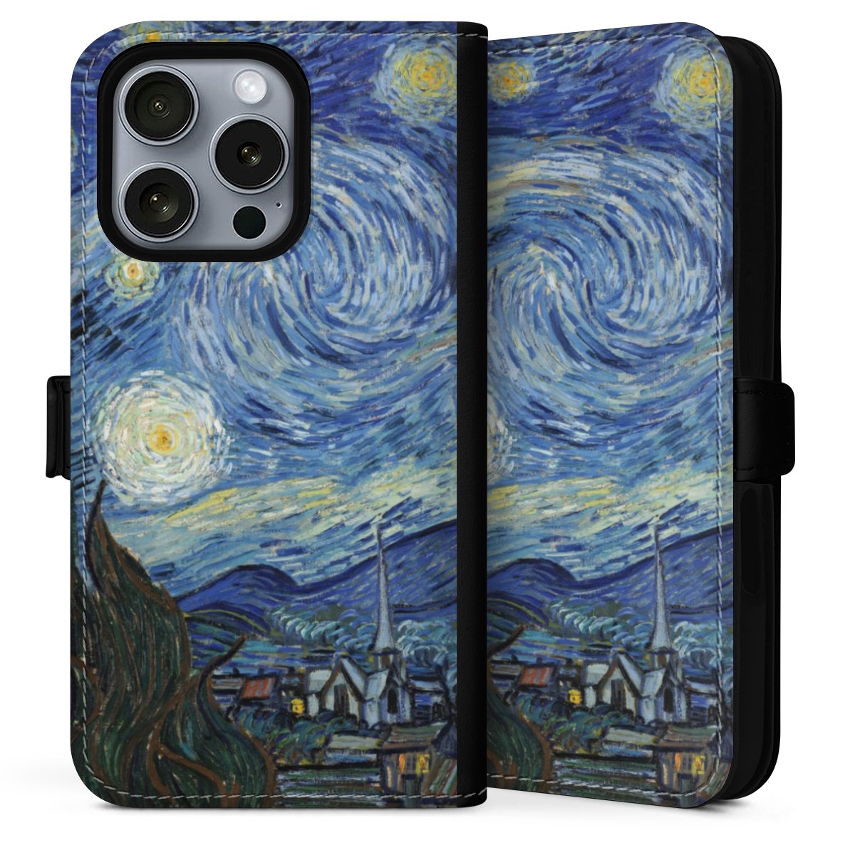 iPhone 16 Pro Max Handy Klapphülle Handyhülle aus Kunst Leder schwarz Flip Case Vincent Van Gogh The Starry Night Kunst Sideflip mit Lasche