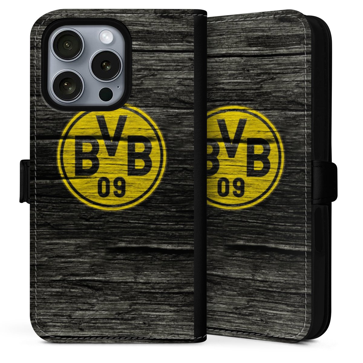 iPhone 16 Pro Max Handy Klapphülle Handyhülle aus Kunst Leder schwarz Flip Case Wooden Look Borussia Dortmund Bvb Sideflip mit Lasche