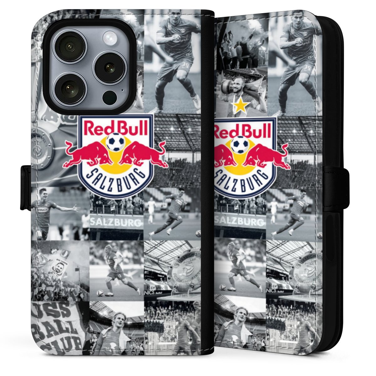 iPhone 16 Pro Max Handy Klapphülle Handyhülle aus Kunst Leder schwarz Flip Case Fc Red Bull Salzburg Salzburg Red Bull Sideflip mit Lasche