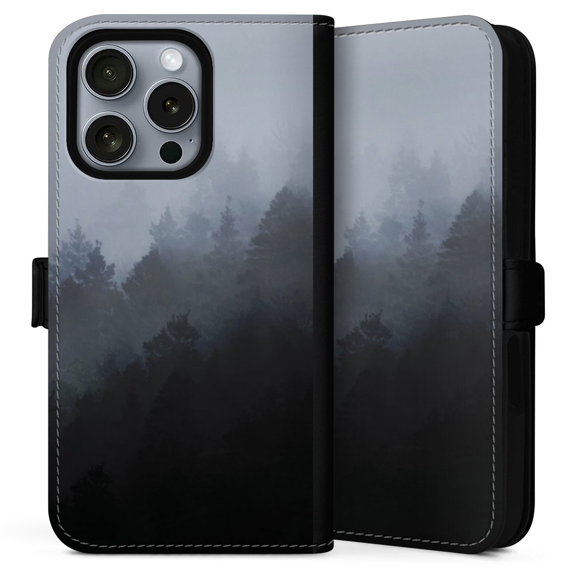 iPhone 16 Pro Max Handy Klapphülle Handyhülle aus Kunst Leder schwarz Flip Case Kunst Tree Nature Sideflip mit Lasche