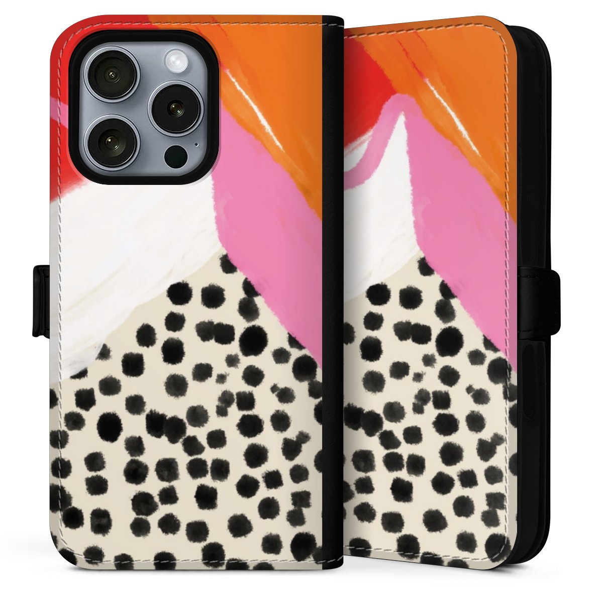 iPhone 16 Pro Max Handy Klapphülle Handyhülle aus Kunst Leder schwarz Flip Case Kunst Abstract Art Sideflip mit Lasche
