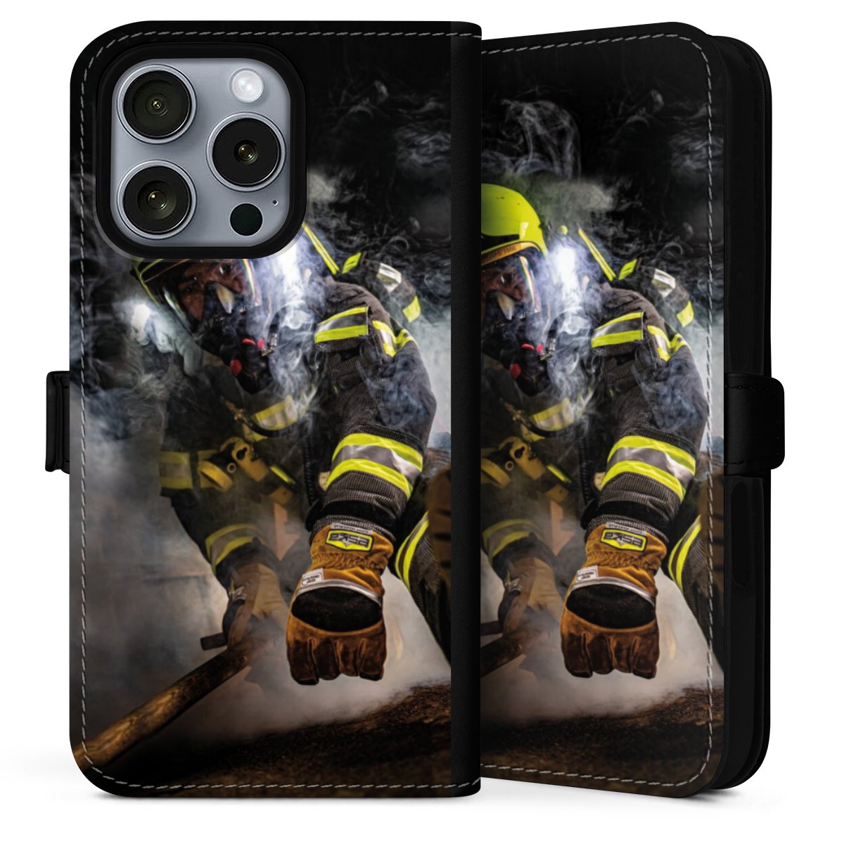 iPhone 16 Pro Max Handy Klapphülle Handyhülle aus Kunst Leder schwarz Flip Case Fire Fire Fighter Fire Fighters Sideflip mit Lasche