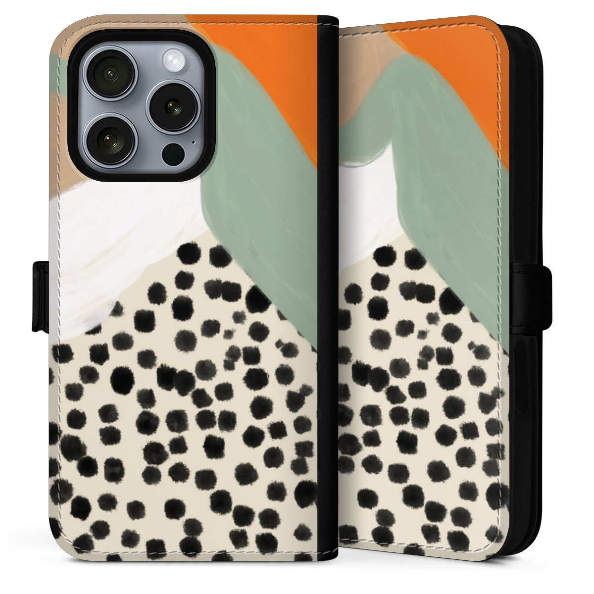 iPhone 16 Pro Max Handy Klapphülle Handyhülle aus Kunst Leder schwarz Flip Case Kunst Boho Abstract Sideflip mit Lasche