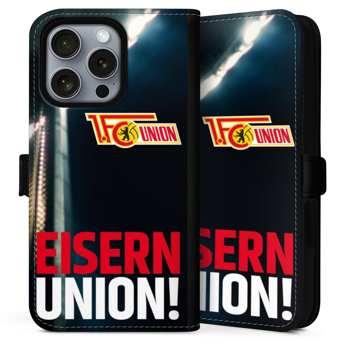 iPhone 16 Pro Max Handy Klapphülle Handyhülle aus Kunst Leder schwarz Flip Case 1. Fc Union Berlin Merchandise Soccer Sideflip mit Lasche