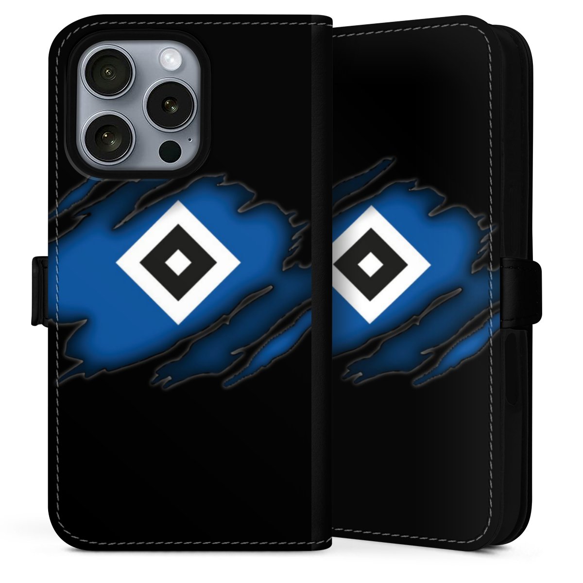 iPhone 16 Pro Max Handy Klapphülle Handyhülle aus Kunst Leder schwarz Flip Case Hsv Official Licensed Product Hamburger Sv Sideflip mit Lasche