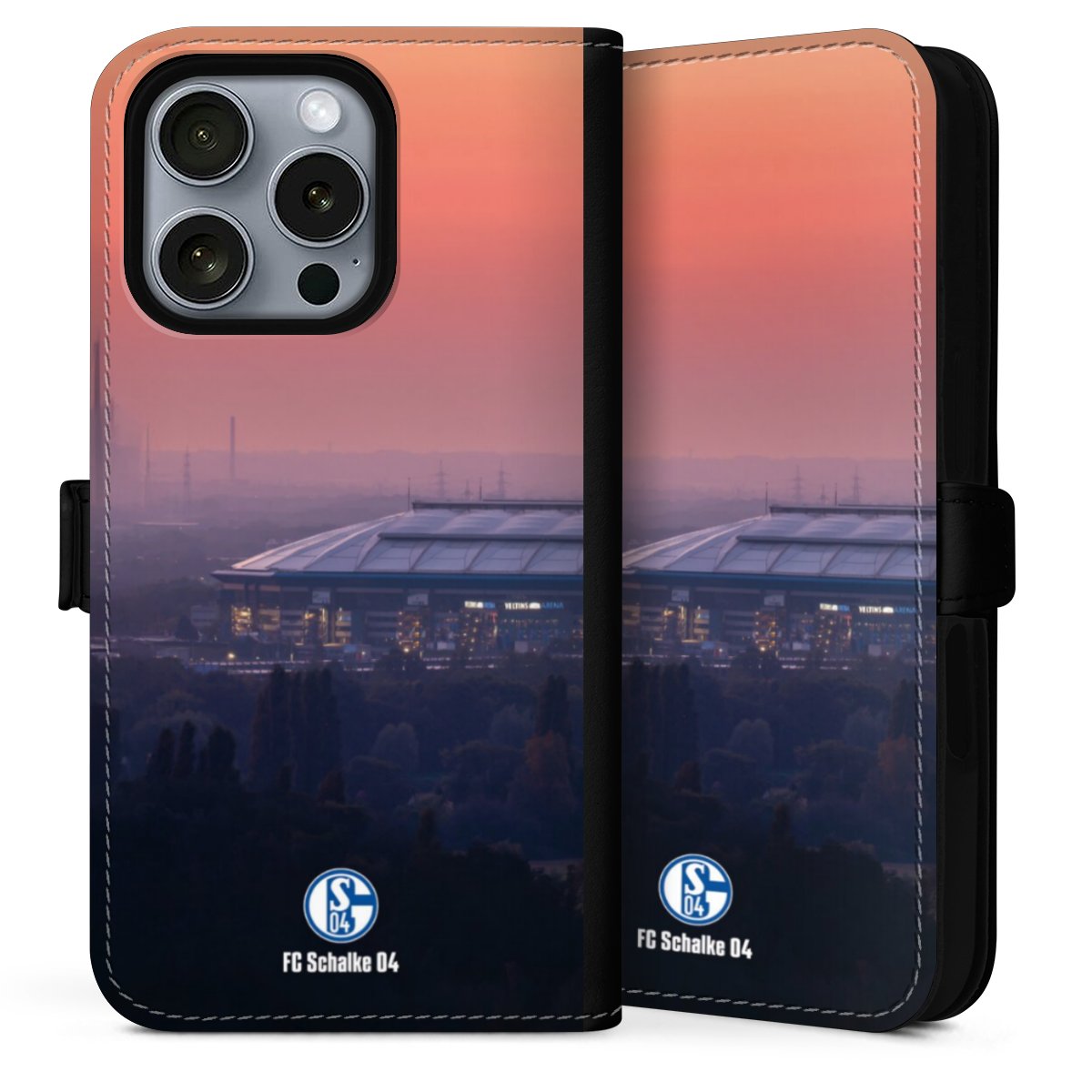 iPhone 16 Pro Max Handy Klapphülle Handyhülle aus Kunst Leder schwarz Flip Case Fc Schalke 04 Stadium Schalke 04 Sideflip mit Lasche