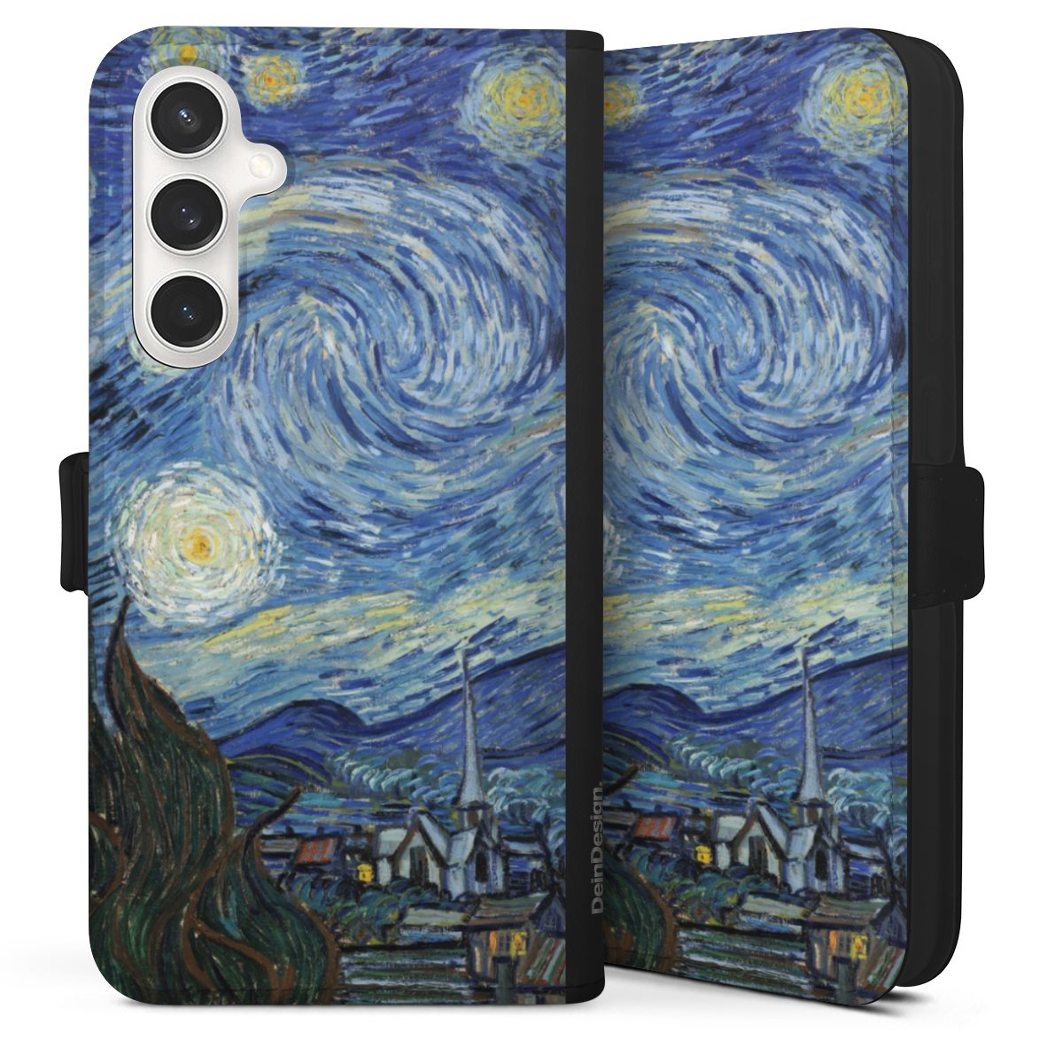 Galaxy S24 FE 5G Handy Klapphülle Handyhülle aus Kunst Leder schwarz Flip Case Vincent Van Gogh The Starry Night Kunst Sideflip mit Lasche