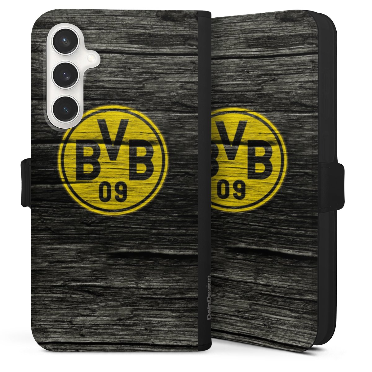 Galaxy S24 FE 5G Handy Klapphülle Handyhülle aus Kunst Leder schwarz Flip Case Wooden Look Borussia Dortmund Bvb Sideflip mit Lasche