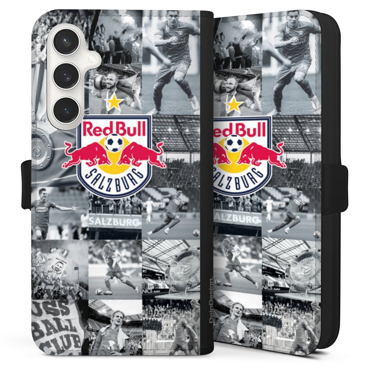 Galaxy S24 FE 5G Handy Klapphülle Handyhülle aus Kunst Leder schwarz Flip Case Salzburg Fc Red Bull Salzburg Red Bull Sideflip mit Lasche