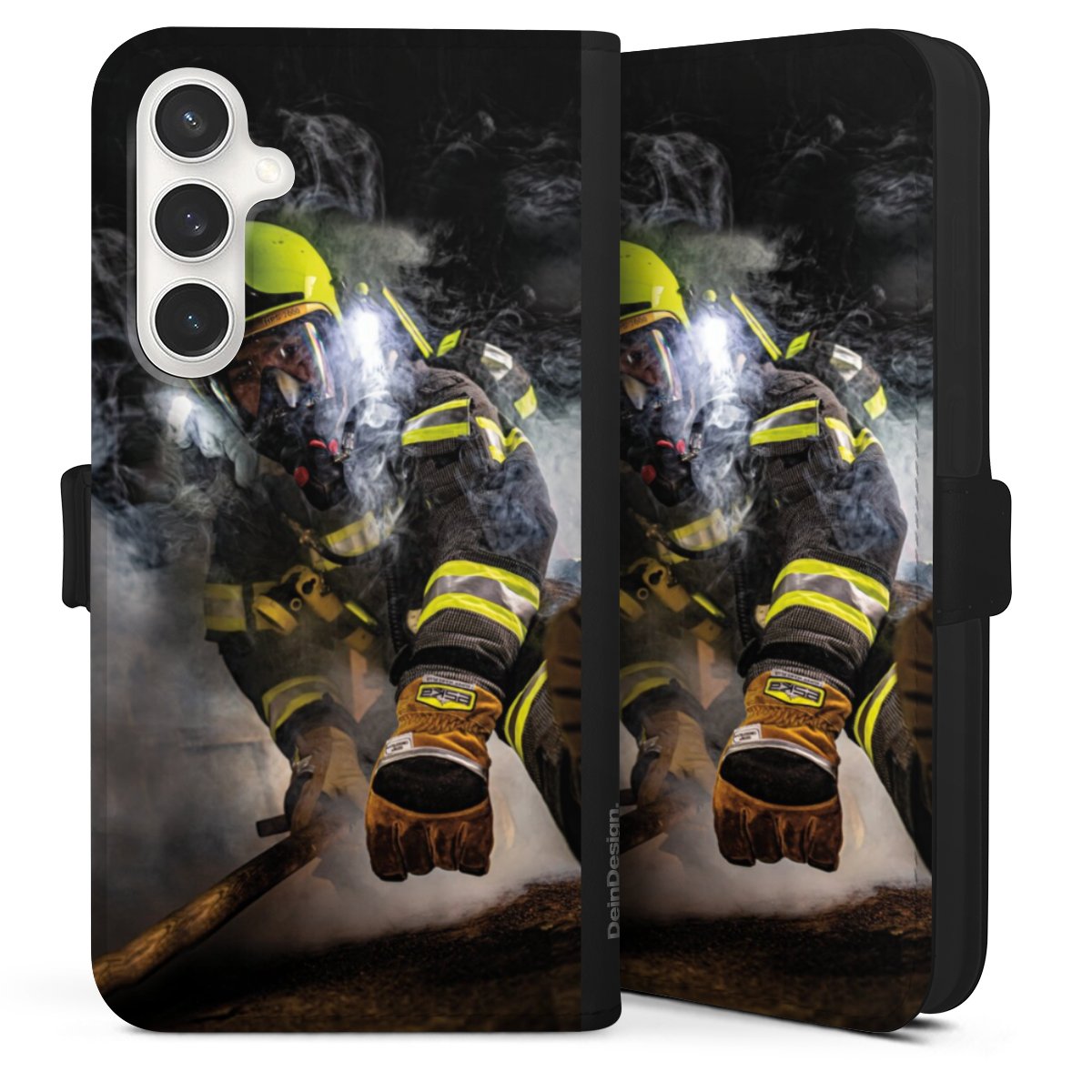 Galaxy S24 FE 5G Handy Klapphülle Handyhülle aus Kunst Leder schwarz Flip Case Fire Fire Fighter Fire Fighters Sideflip mit Lasche