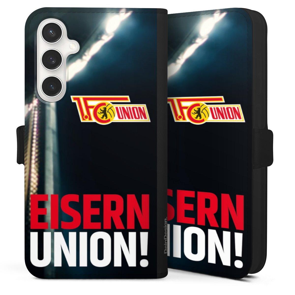 Galaxy S24 FE 5G Handy Klapphülle Handyhülle aus Kunst Leder schwarz Flip Case 1. Fc Union Berlin Merchandise Soccer Sideflip mit Lasche