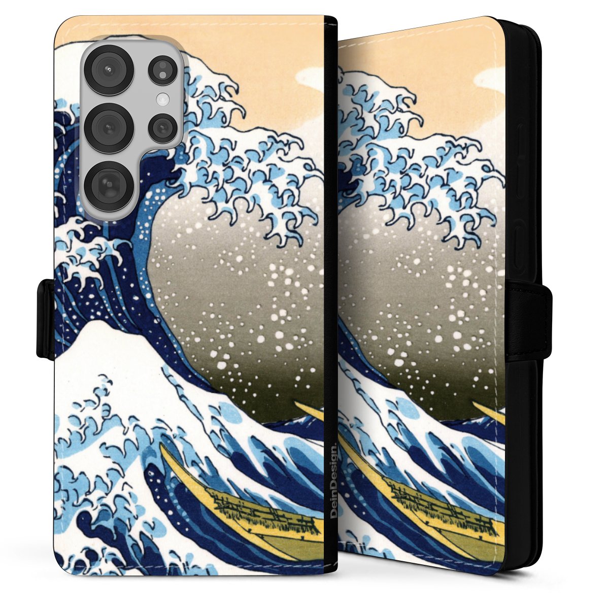 Galaxy S25 Ultra Handy Klapphülle Handyhülle aus Kunst Leder schwarz Flip Case Die Große Welle Vor Kanagawa Kunst Katsushika Hokusai Sideflip mit Lasche
