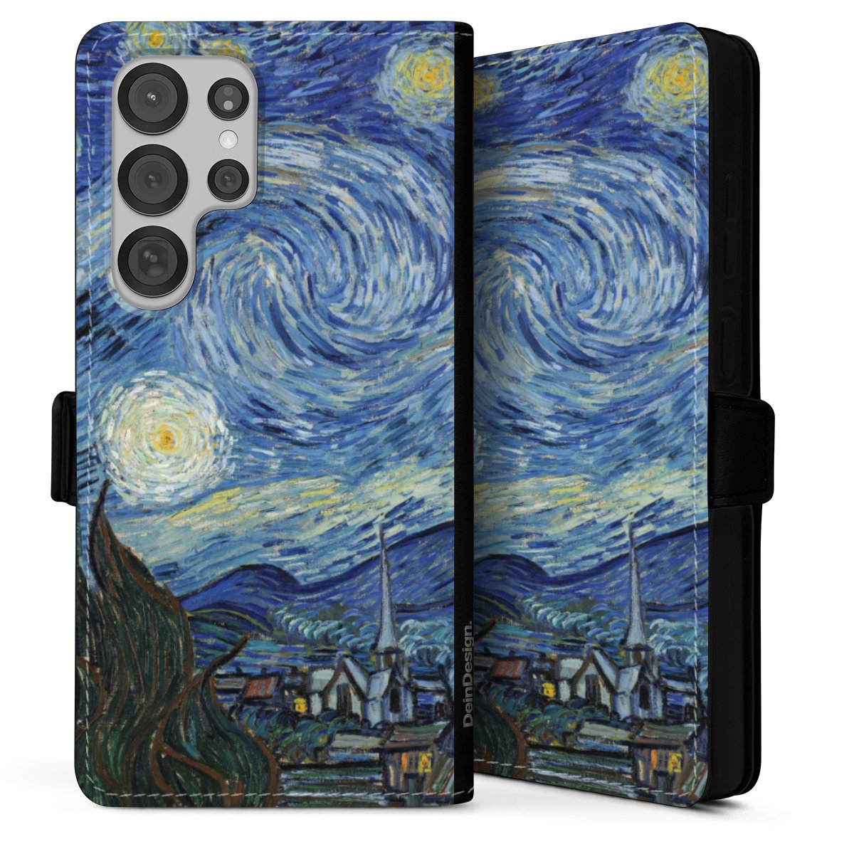 Galaxy S25 Ultra Handy Klapphülle Handyhülle aus Kunst Leder schwarz Flip Case Vincent Van Gogh The Starry Night Kunst Sideflip mit Lasche