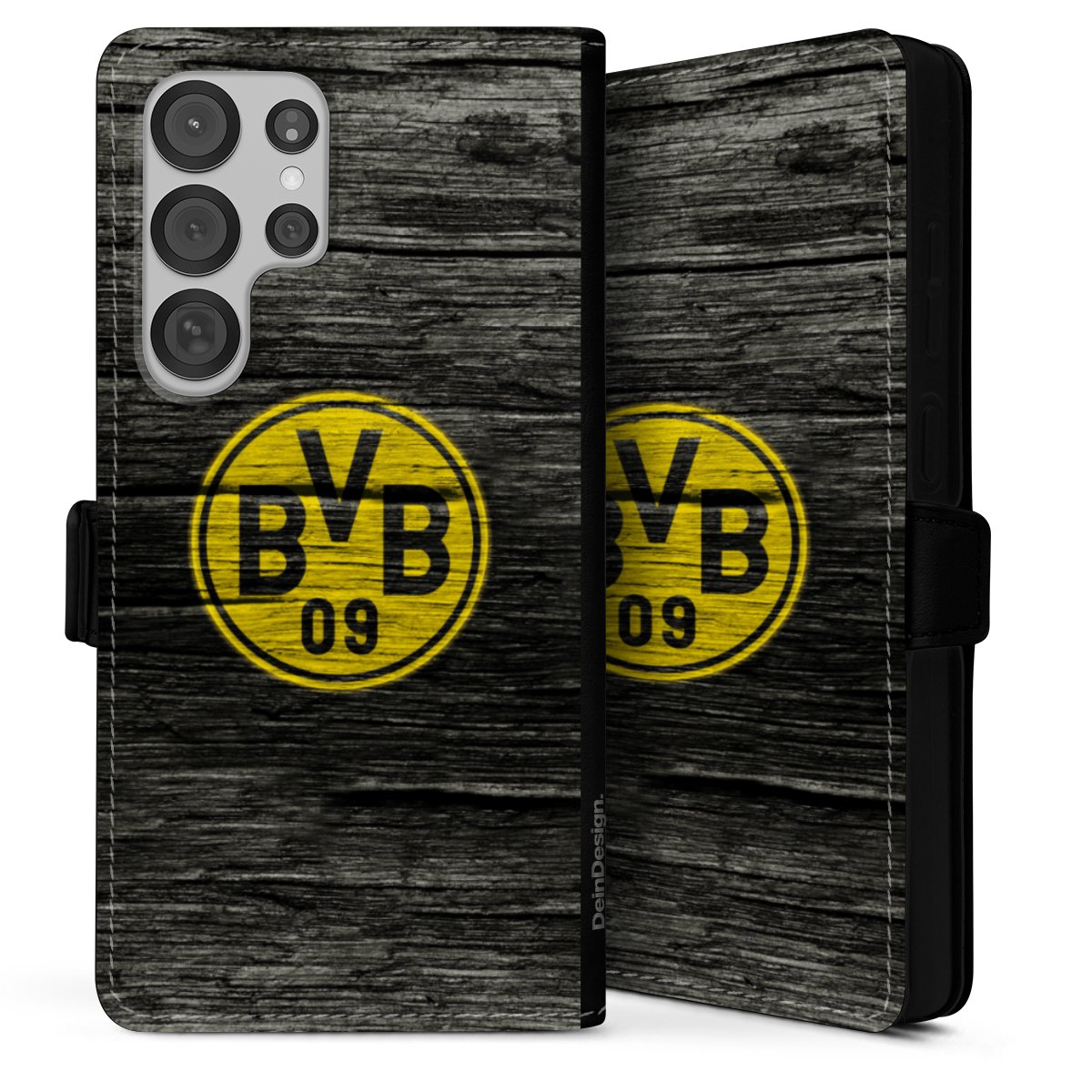 Galaxy S25 Ultra Handy Klapphülle Handyhülle aus Kunst Leder schwarz Flip Case Wooden Look Borussia Dortmund Bvb Sideflip mit Lasche