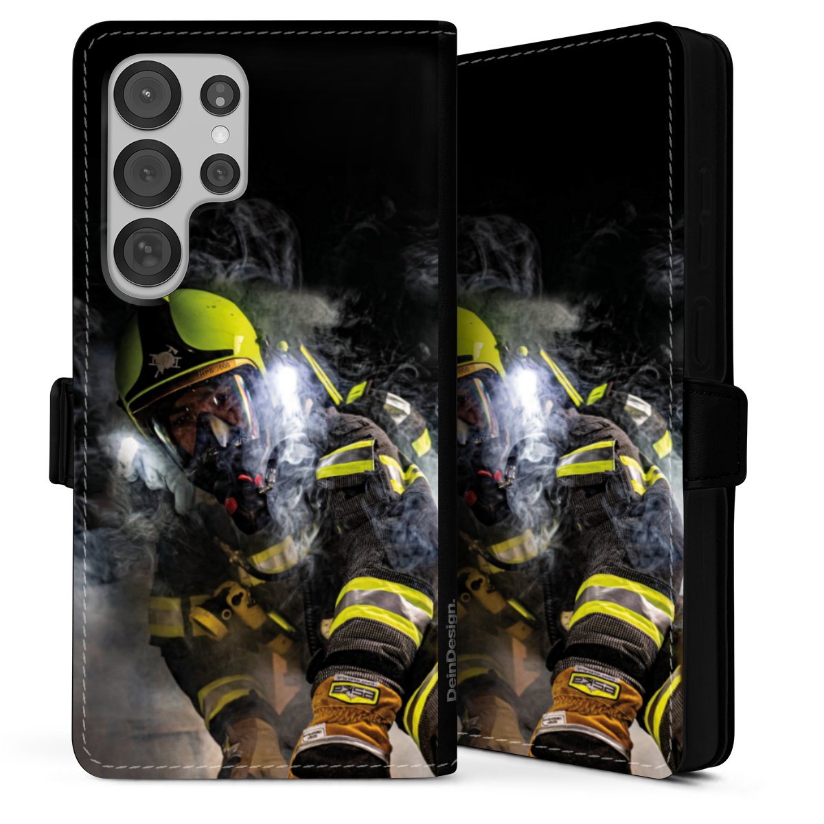 Galaxy S25 Ultra Handy Klapphülle Handyhülle aus Kunst Leder schwarz Flip Case Fire Fire Fighter Fire Fighters Sideflip mit Lasche