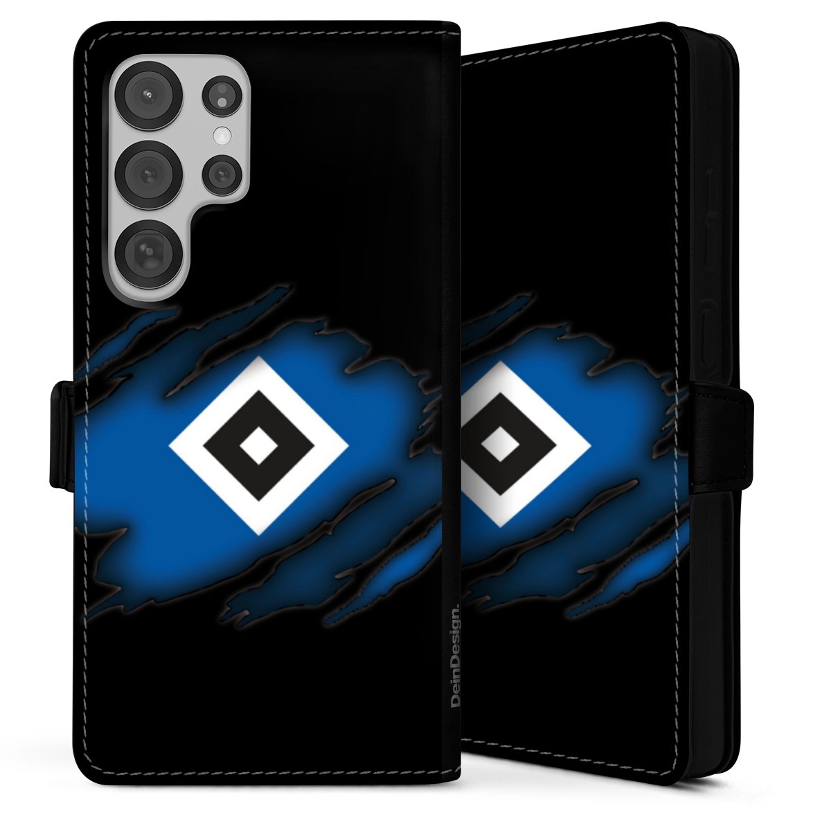 Galaxy S25 Ultra Handy Klapphülle Handyhülle aus Kunst Leder schwarz Flip Case Hsv Official Licensed Product Hamburger Sv Sideflip mit Lasche