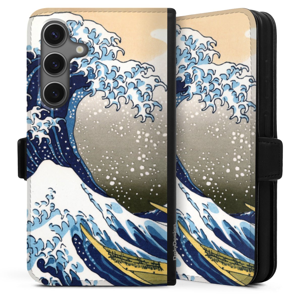 Galaxy S25 Handy Klapphülle Handyhülle aus Kunst Leder schwarz Flip Case Katsushika Hokusai Die Große Welle Vor Kanagawa Kunst Sideflip mit Lasche