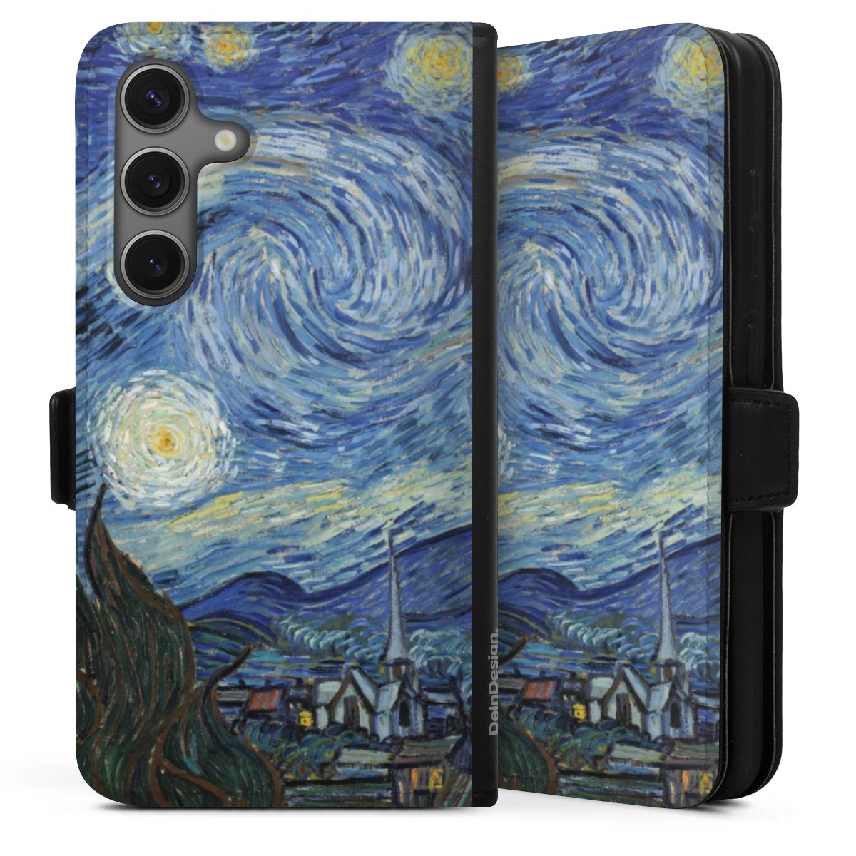 Galaxy S25 Handy Klapphülle Handyhülle aus Kunst Leder schwarz Flip Case Vincent Van Gogh The Starry Night Kunst Sideflip mit Lasche