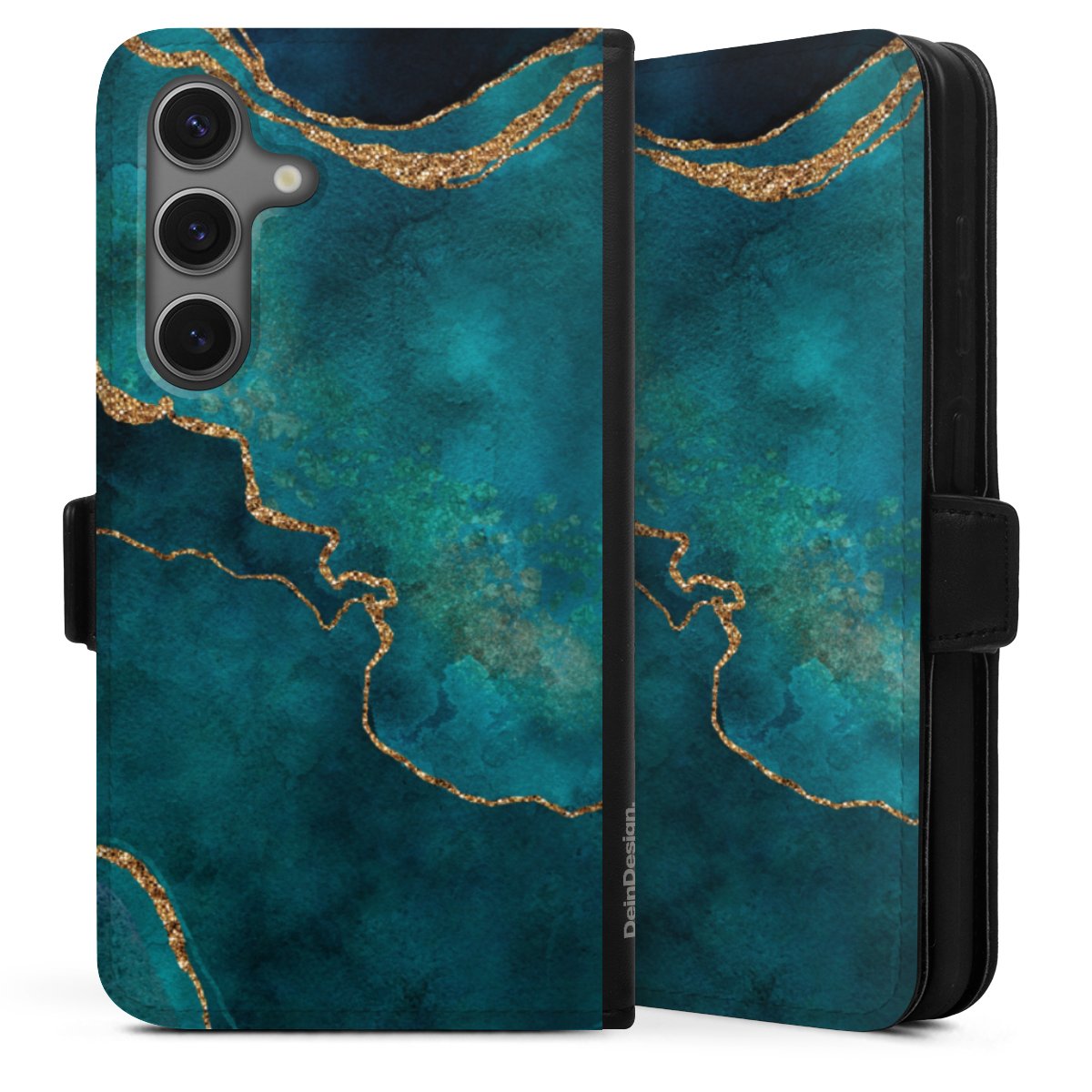 Galaxy S25 Handy Klapphülle Handyhülle aus Kunst Leder schwarz Flip Case Kunst Glitzer Marble Sideflip mit Lasche