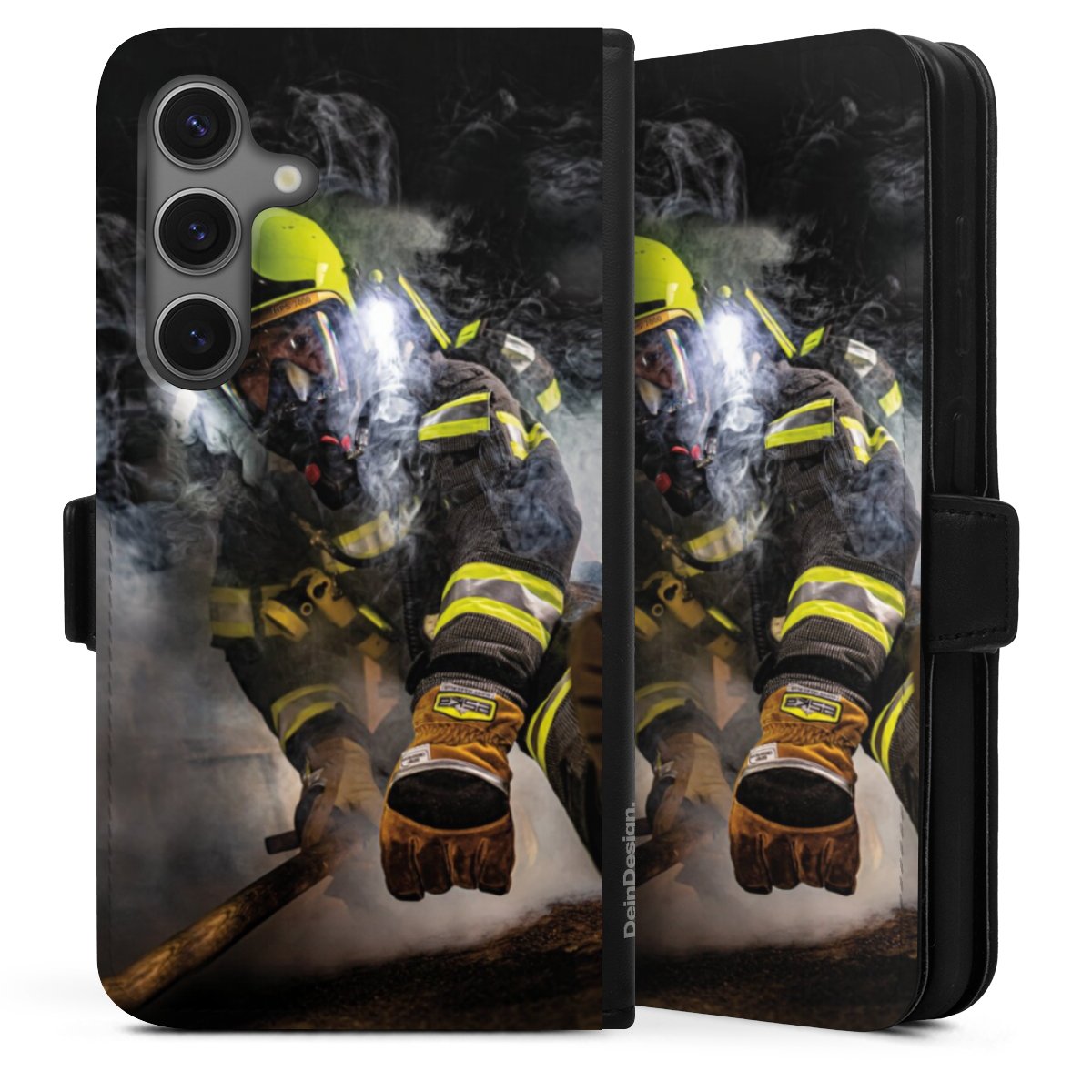 Galaxy S25 Handy Klapphülle Handyhülle aus Kunst Leder schwarz Flip Case Fire Fire Fighter Fire Fighters Sideflip mit Lasche