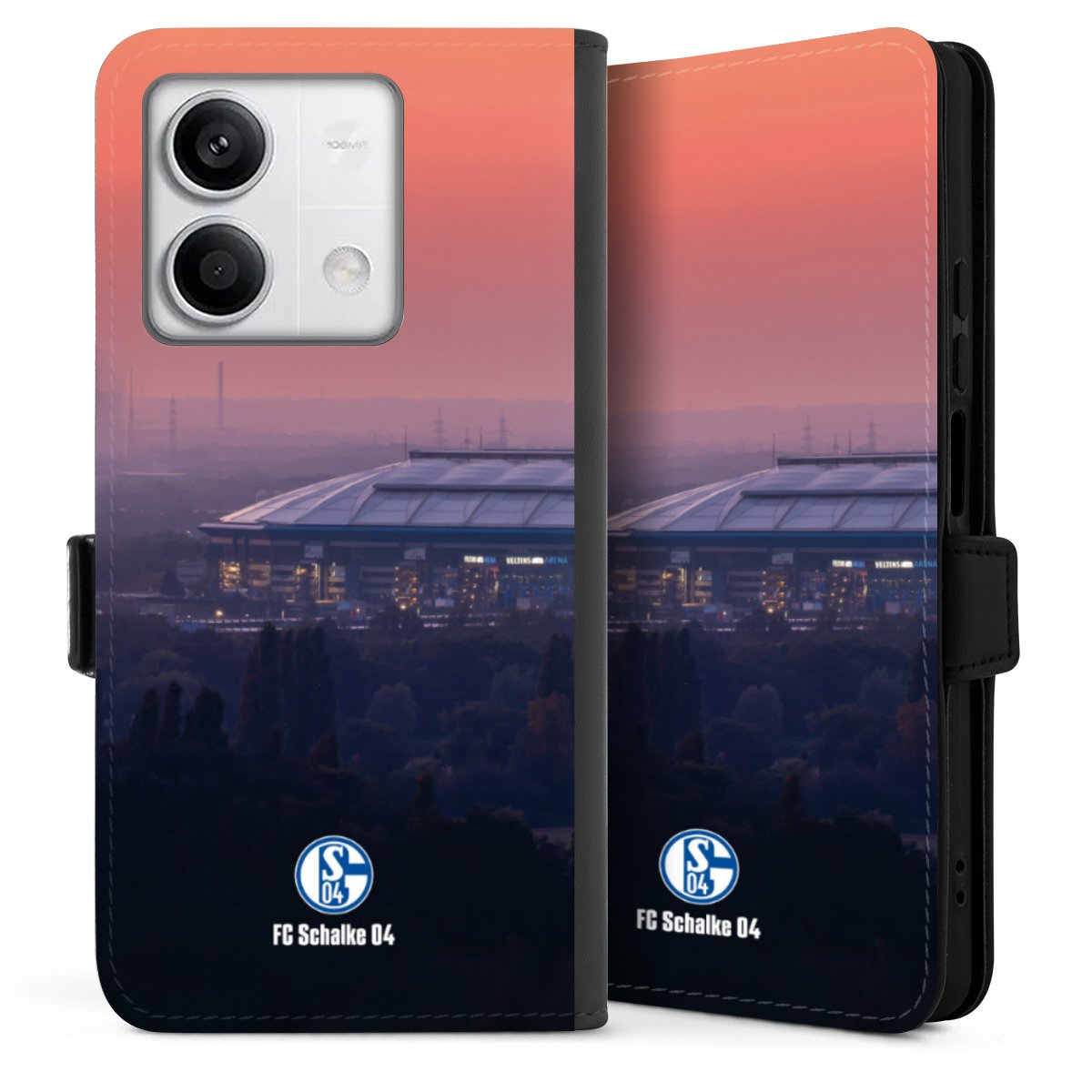 Xiaomi Redmi Note 13 5G Handy Klapphülle Handyhülle aus Kunst Leder schwarz Flip Case Fc Schalke 04 Stadium Schalke 04 Sideflip mit Lasche
