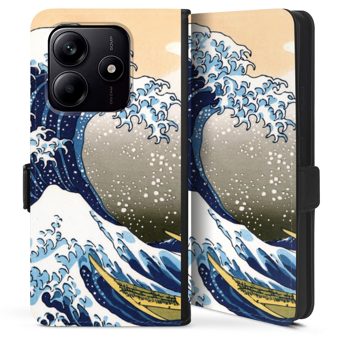 Xiaomi Redmi Note 14 5G Handy Klapphülle Handyhülle aus Kunst Leder schwarz Flip Case Die Große Welle Vor Kanagawa Kunst Katsushika Hokusai Sideflip mit Lasche