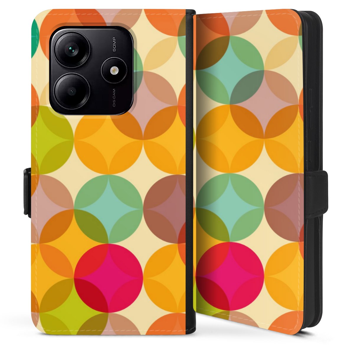 Xiaomi Redmi Note 14 5G Handy Klapphülle Handyhülle aus Kunst Leder schwarz Flip Case Circle Art Kunst Sideflip mit Lasche