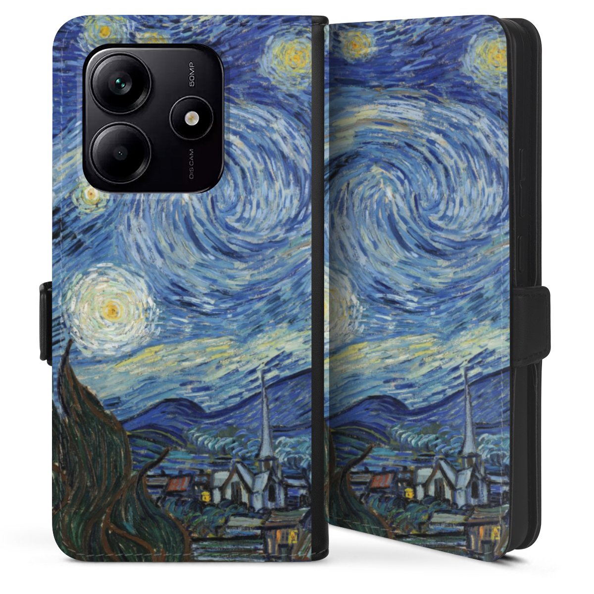 Xiaomi Redmi Note 14 5G Handy Klapphülle Handyhülle aus Kunst Leder schwarz Flip Case Vincent Van Gogh The Starry Night Kunst Sideflip mit Lasche