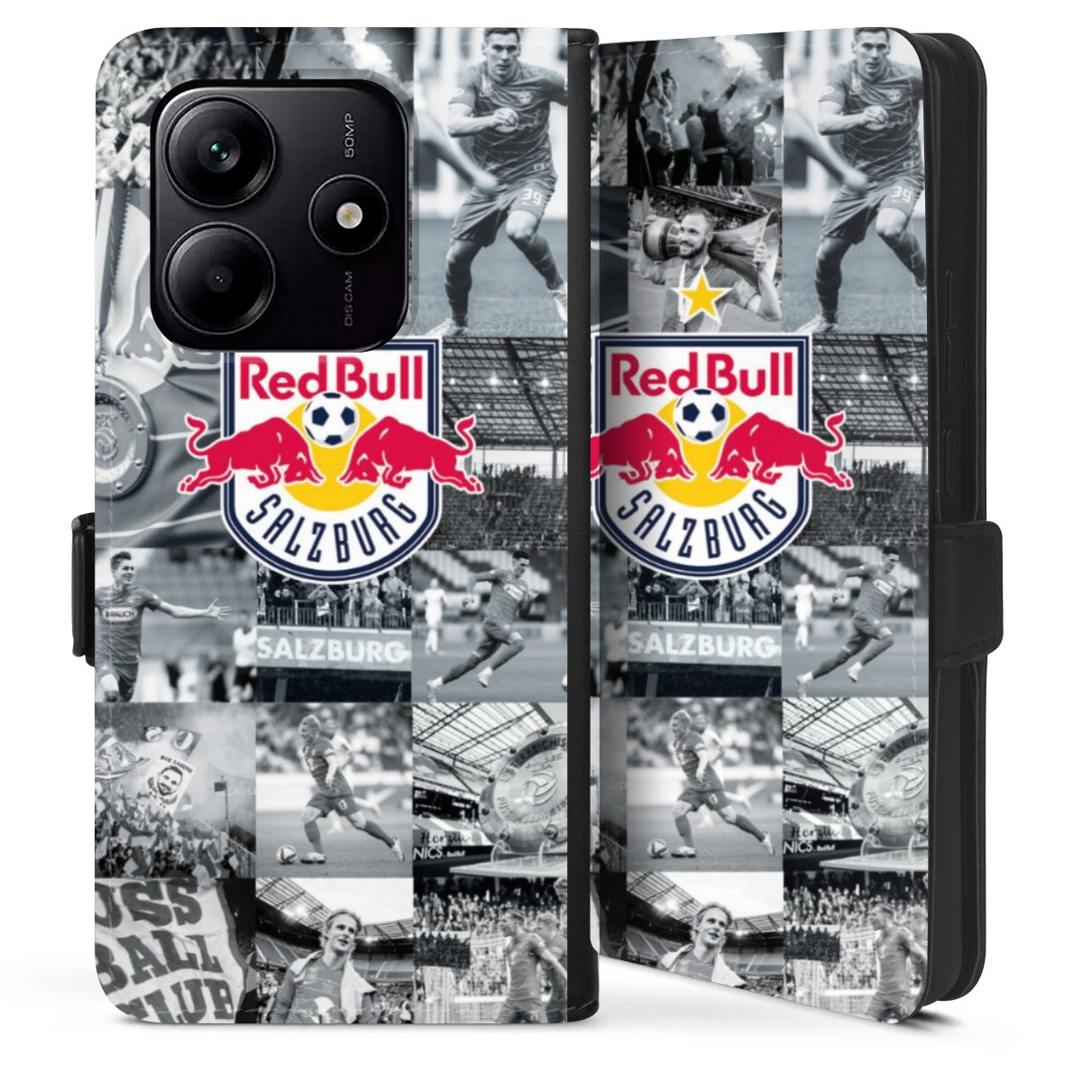 Xiaomi Redmi Note 14 5G Handy Klapphülle Handyhülle aus Kunst Leder schwarz Flip Case Fc Red Bull Salzburg Salzburg Red Bull Sideflip mit Lasche