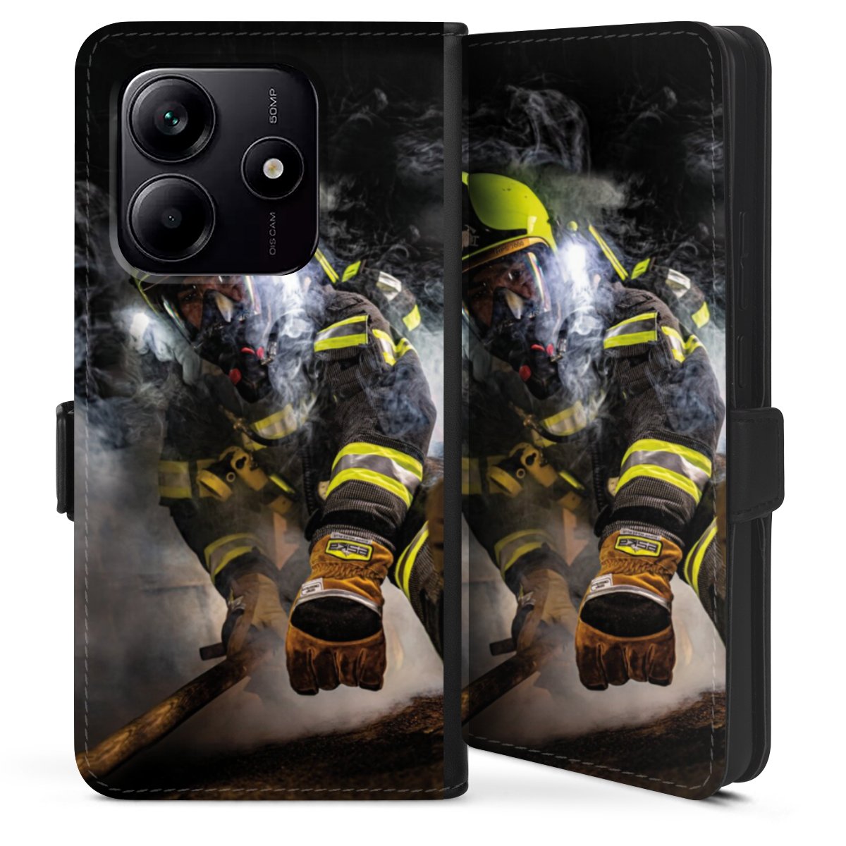 Xiaomi Redmi Note 14 5G Handy Klapphülle Handyhülle aus Kunst Leder schwarz Flip Case Fire Fire Fighter Fire Fighters Sideflip mit Lasche