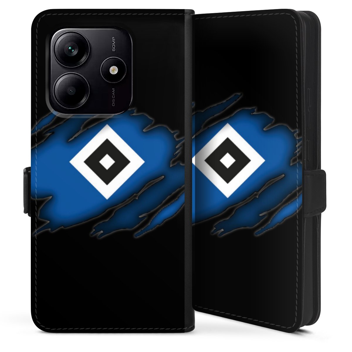 Xiaomi Redmi Note 14 5G Handy Klapphülle Handyhülle aus Kunst Leder schwarz Flip Case Hsv Official Licensed Product Hamburger Sv Sideflip mit Lasche