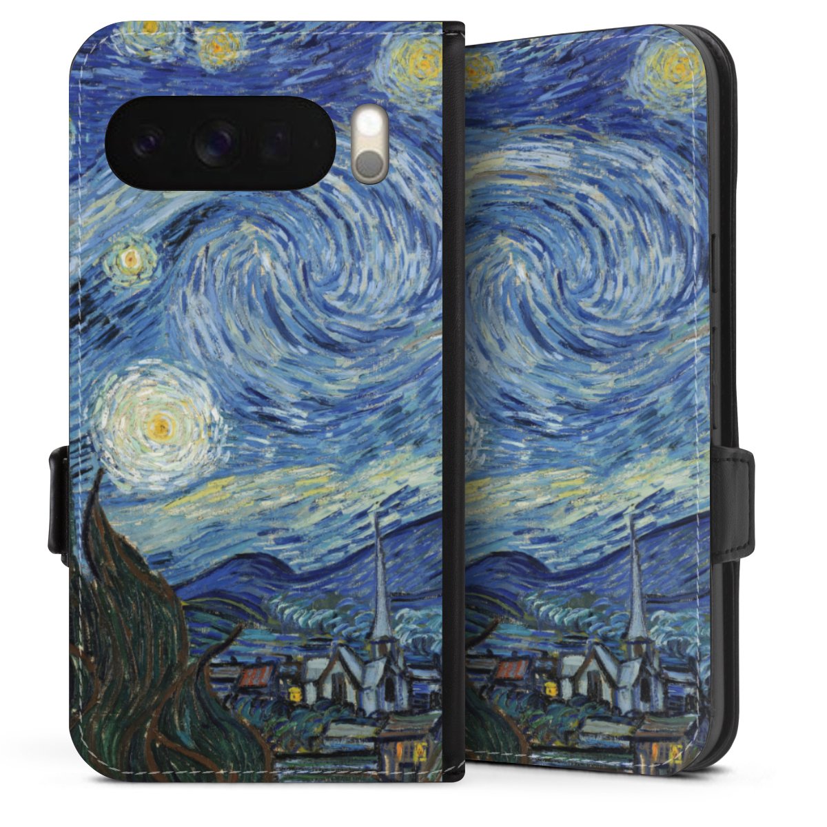 Google Pixel 10 Pro XL Handy Klapphülle Handyhülle aus Kunst Leder schwarz Flip Case Vincent Van Gogh The Starry Night Kunst Sideflip mit Lasche