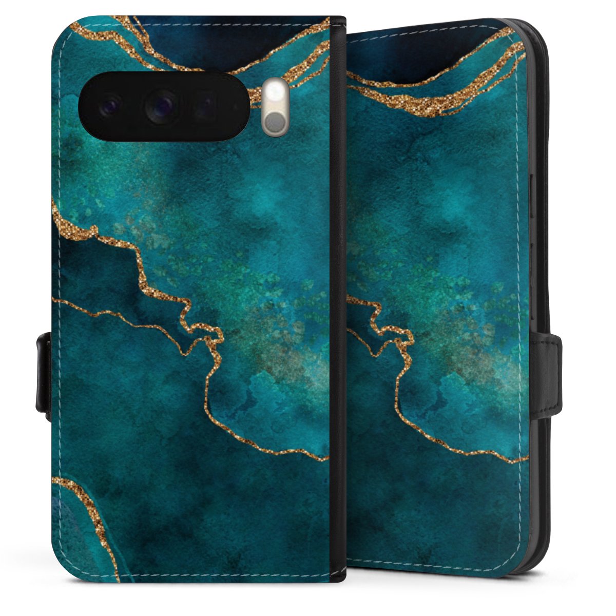 Google Pixel 10 Pro XL Handy Klapphülle Handyhülle aus Kunst Leder schwarz Flip Case Kunst Glitzer Marble Sideflip mit Lasche