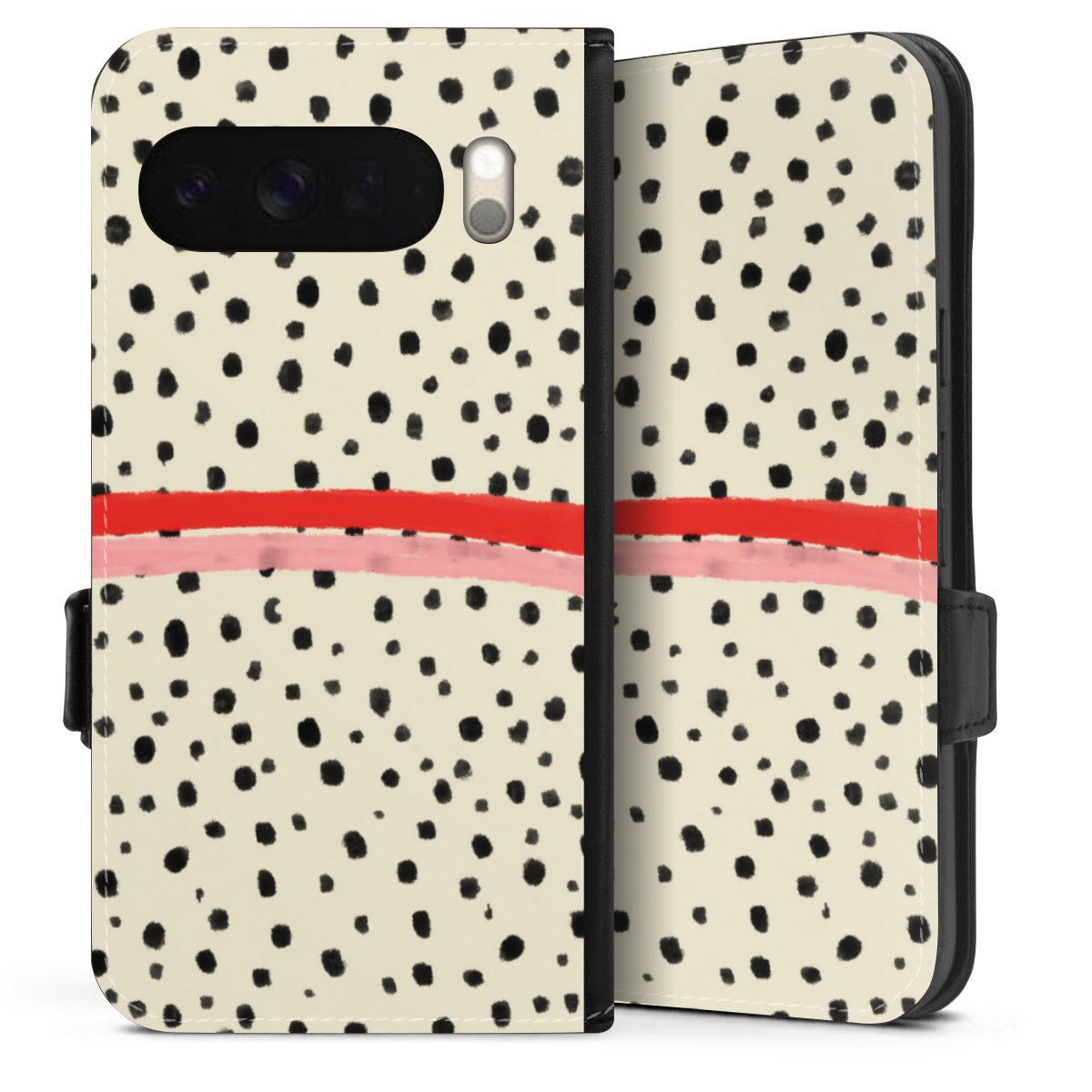 Google Pixel 10 Pro XL Handy Klapphülle Handyhülle aus Kunst Leder schwarz Flip Case Stripes Points Kunst Sideflip mit Lasche