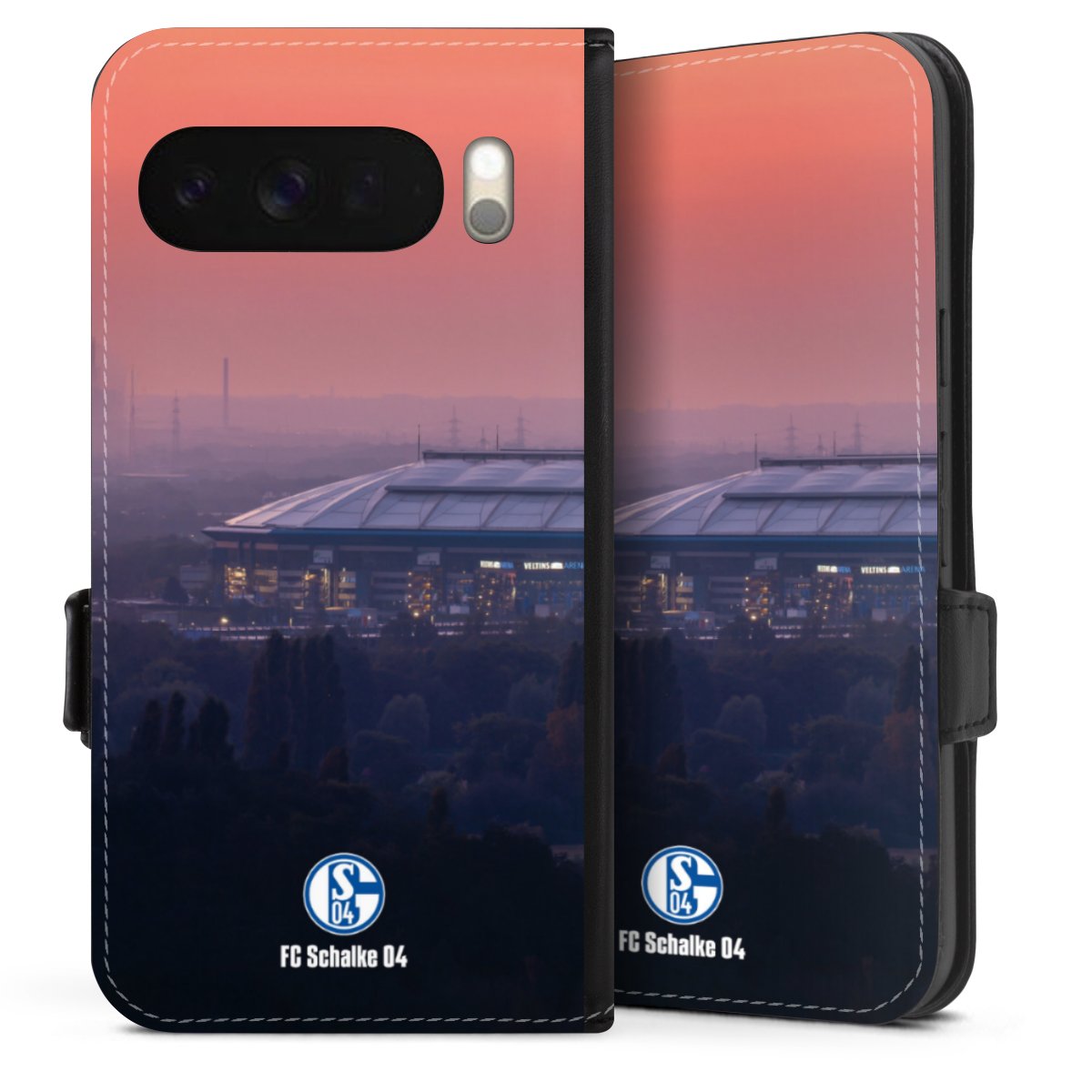 Google Pixel 10 Pro XL Handy Klapphülle Handyhülle aus Kunst Leder schwarz Flip Case Schalke 04 Fc Schalke 04 Stadium Sideflip mit Lasche