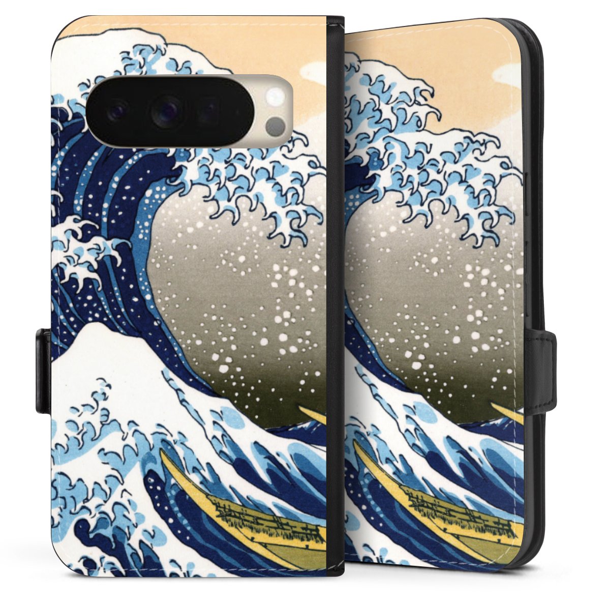 Google Pixel 10 Handy Klapphülle Handyhülle aus Kunst Leder schwarz Flip Case Katsushika Hokusai Kunst Die Große Welle Vor Kanagawa Sideflip mit Lasche