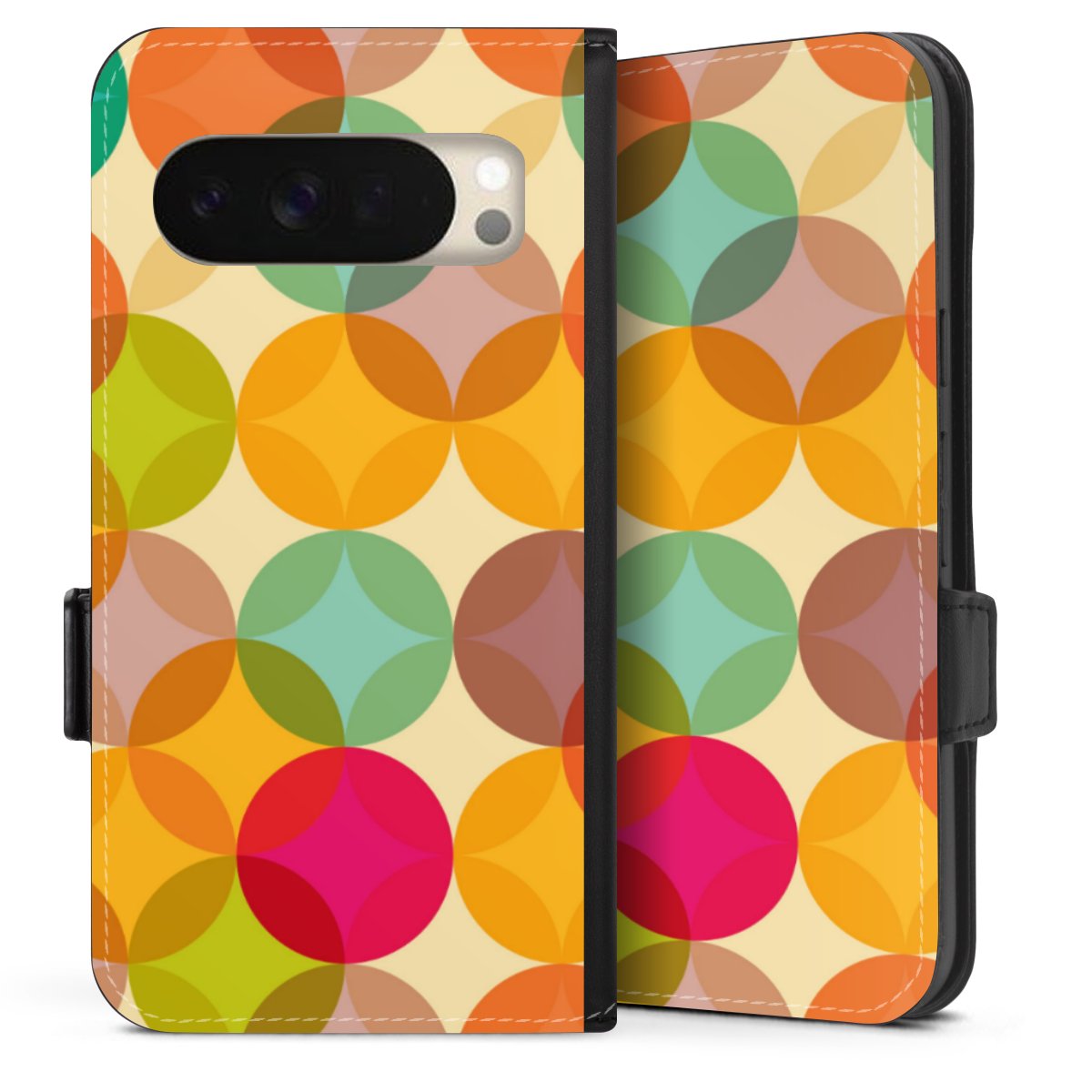 Google Pixel 10 Handy Klapphülle Handyhülle aus Kunst Leder schwarz Flip Case Circle Art Kunst Sideflip mit Lasche