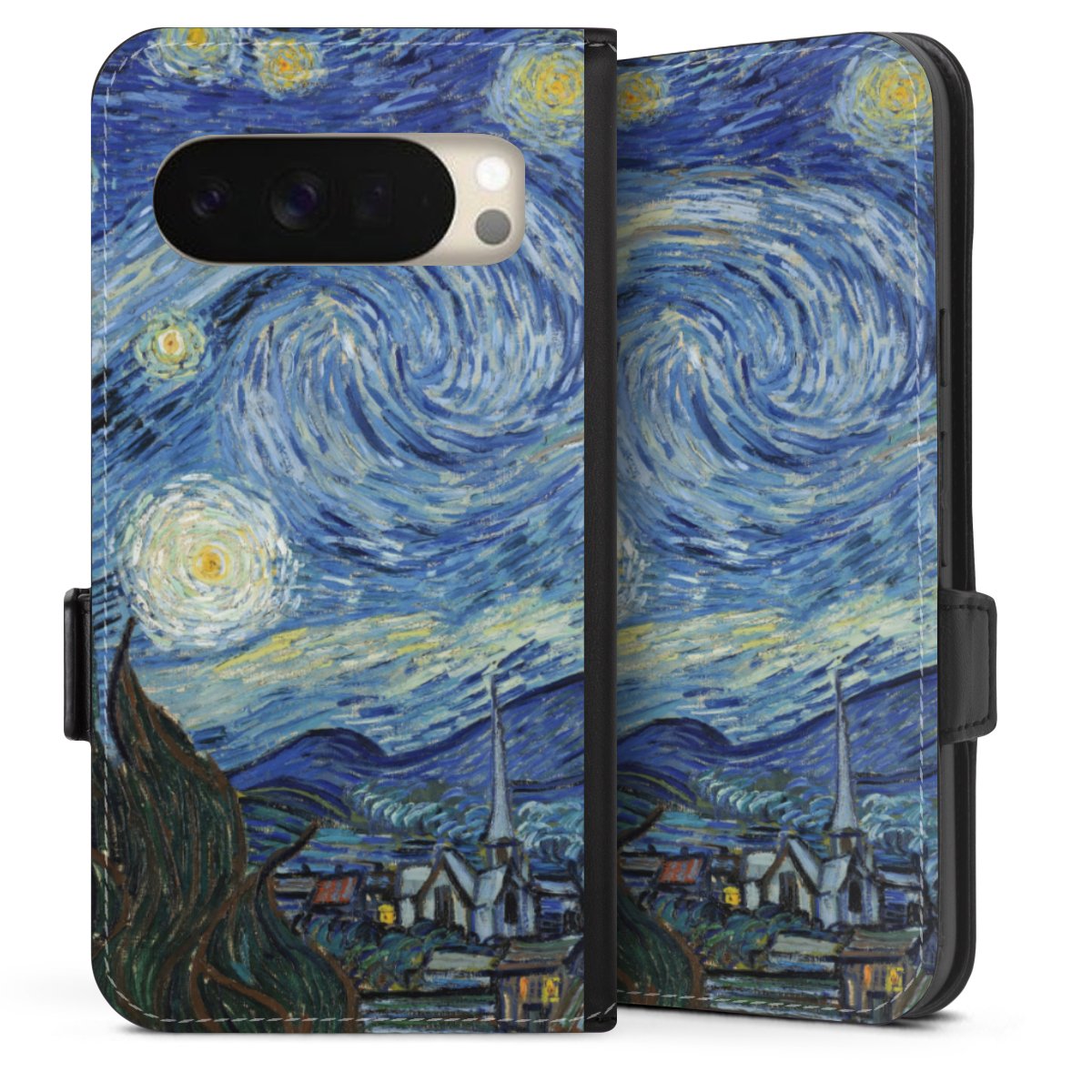 Google Pixel 10 Handy Klapphülle Handyhülle aus Kunst Leder schwarz Flip Case Vincent Van Gogh The Starry Night Kunst Sideflip mit Lasche