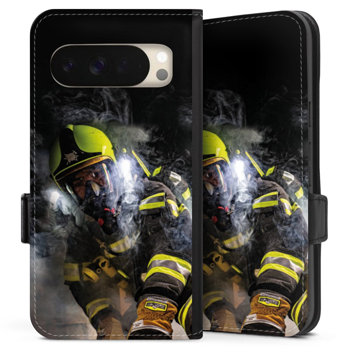 Google Pixel 10 Handy Klapphülle Handyhülle aus Kunst Leder schwarz Flip Case Fire Fire Fighter Fire Fighters Sideflip mit Lasche
