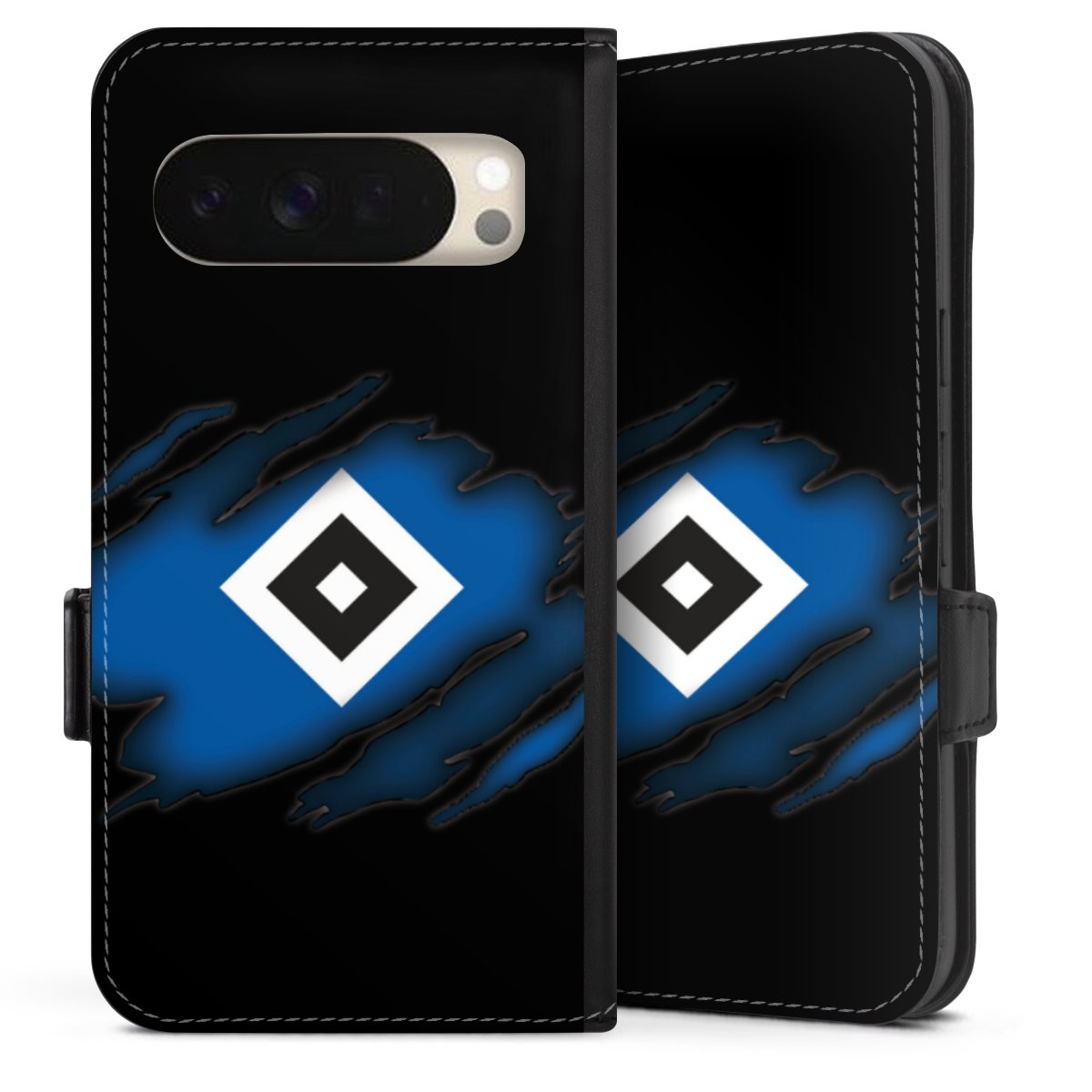 Google Pixel 10 Handy Klapphülle Handyhülle aus Kunst Leder schwarz Flip Case Hsv Official Licensed Product Hamburger Sv Sideflip mit Lasche