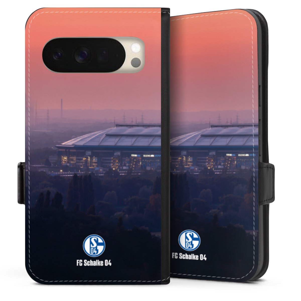 Google Pixel 10 Pro Handy Klapphülle Handyhülle aus Kunst Leder schwarz Flip Case Fc Schalke 04 Stadium Schalke 04 Sideflip mit Lasche