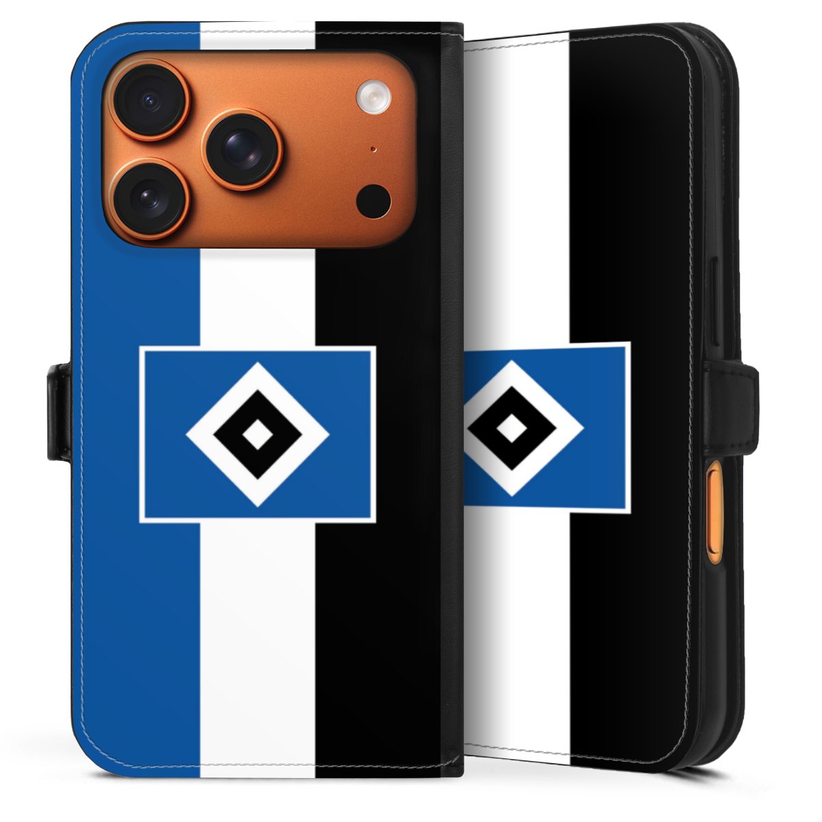 iPhone 17 Pro Handy Klapphülle Handyhülle aus Kunst Leder schwarz Flip Case Hamburger Sv Hsv Stripes Sideflip mit Lasche