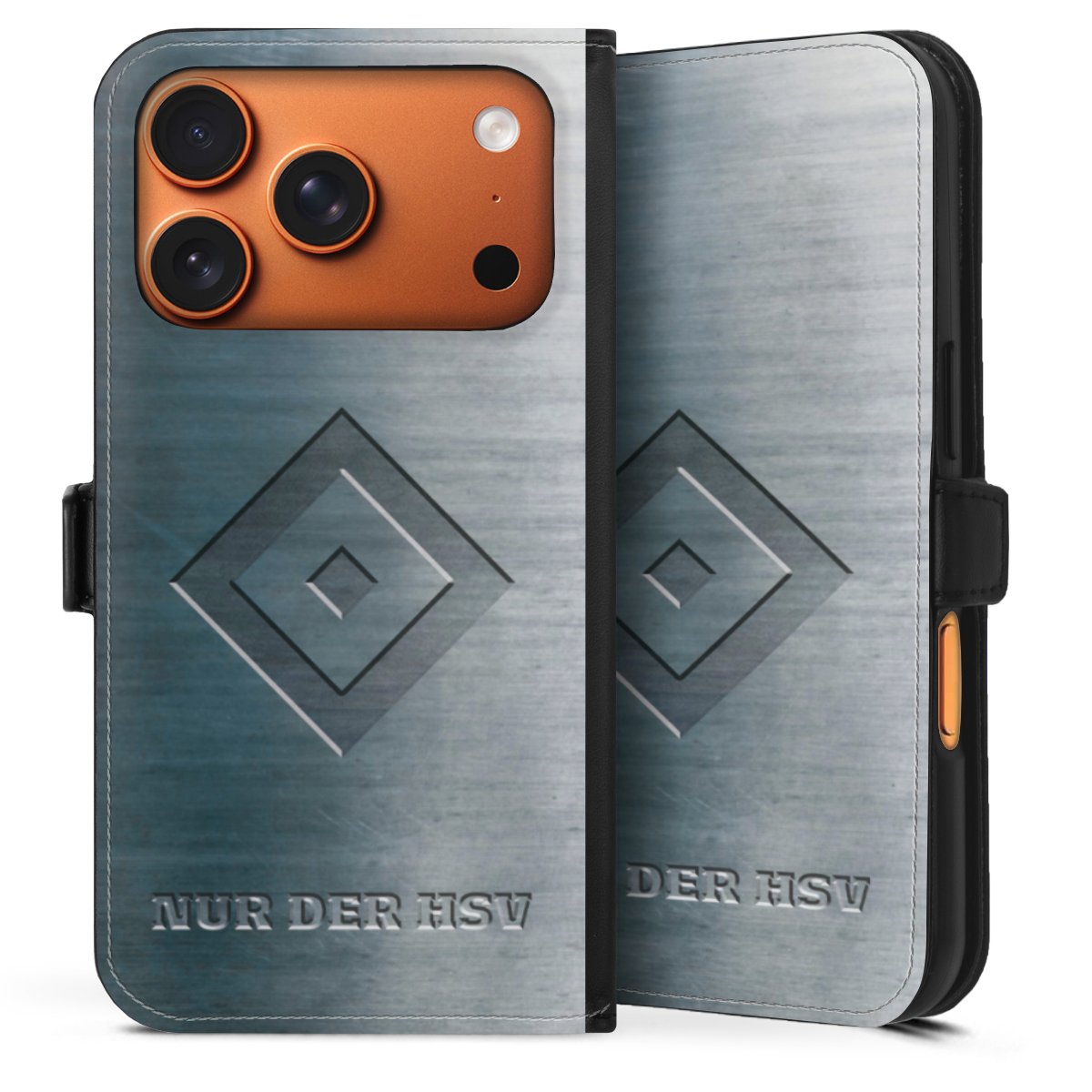 iPhone 17 Pro Handy Klapphülle Handyhülle aus Kunst Leder schwarz Flip Case Hsv Hamburger Sv Metallic Look Sideflip mit Lasche