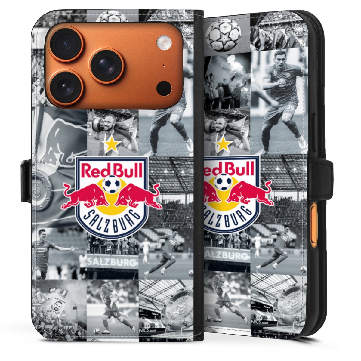 iPhone 17 Pro Handy Klapphülle Handyhülle aus Kunst Leder schwarz Flip Case Salzburg Fc Red Bull Salzburg Red Bull Sideflip mit Lasche